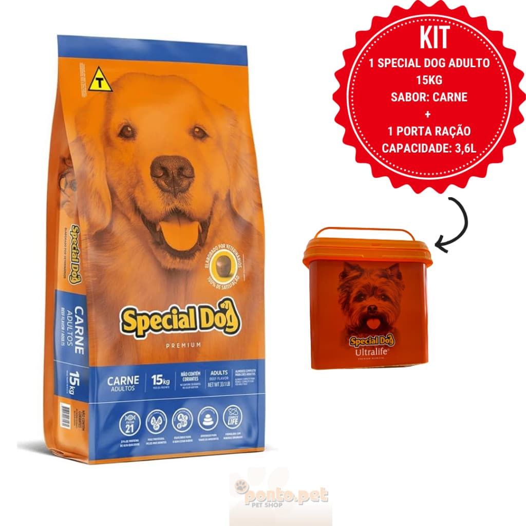 Kit Porta Ração 3.6 Lt + Ração Special Dog Carne 15Kg Cão Adulto - Produto Original - Envio Imediato