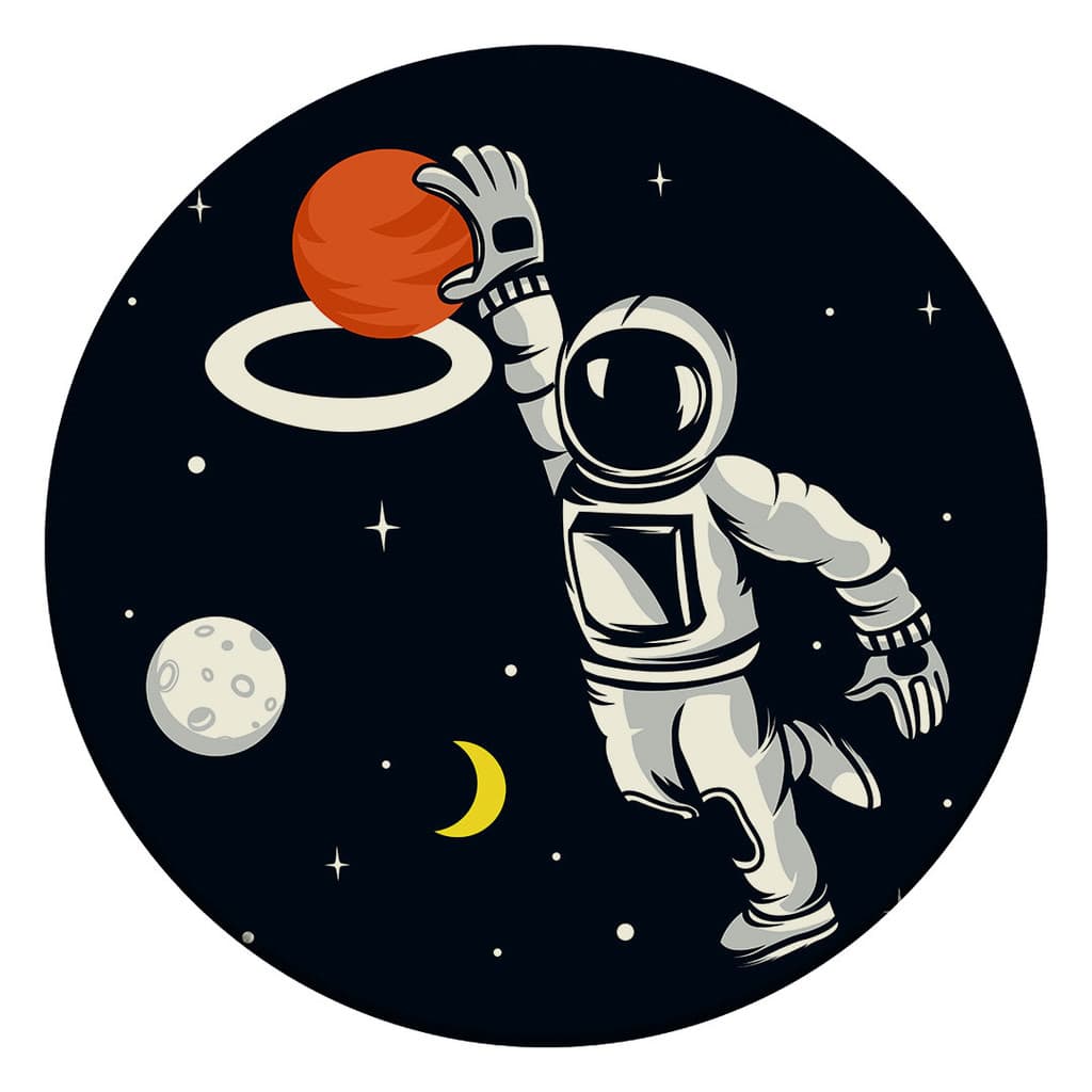 Tapete Redondo Decorativo Basquete Astronauta 88x88 Antiderrapante Para Sala, Quarto e Escritório