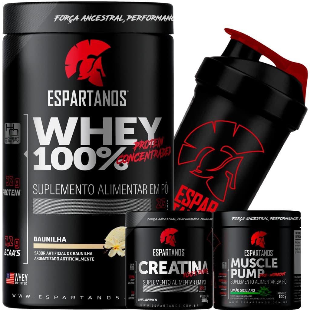 Whey Protein 100%,Creatina,pré-treino Limão,Shaker - ESPARTANOS