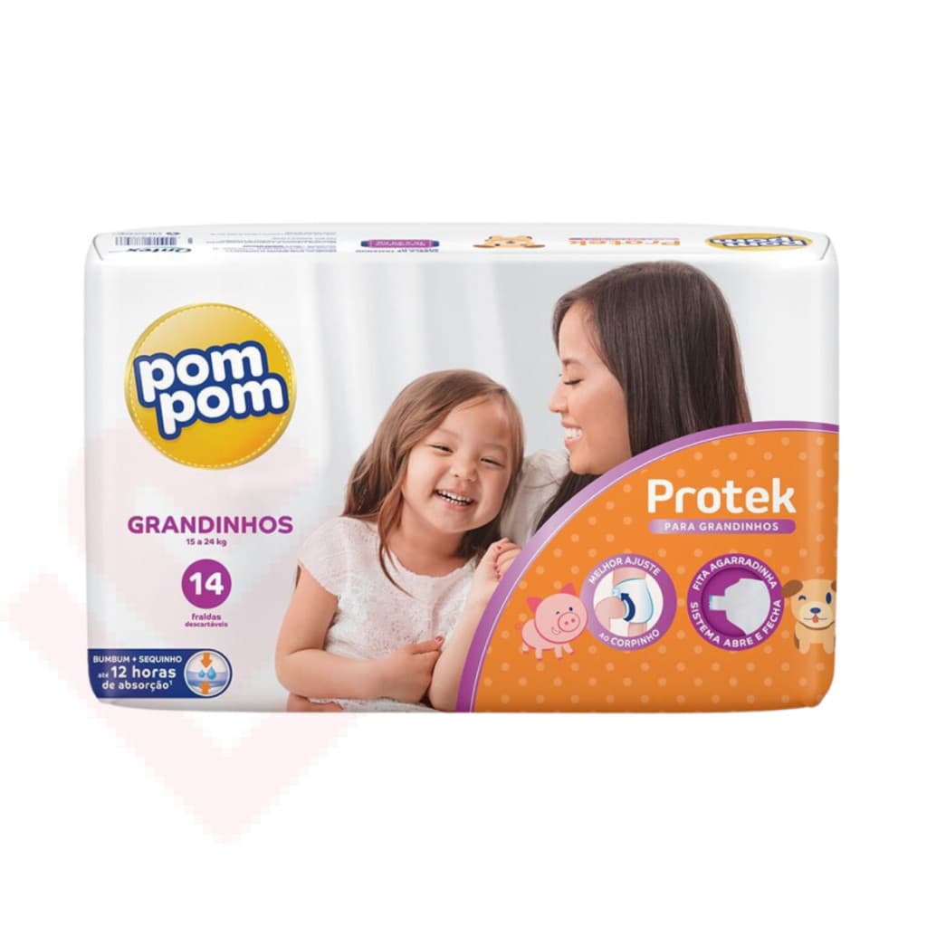Fralda Pom Pom Protek Proteção de Mãe Grandinhos 15 a 24kg com 14 Unidades