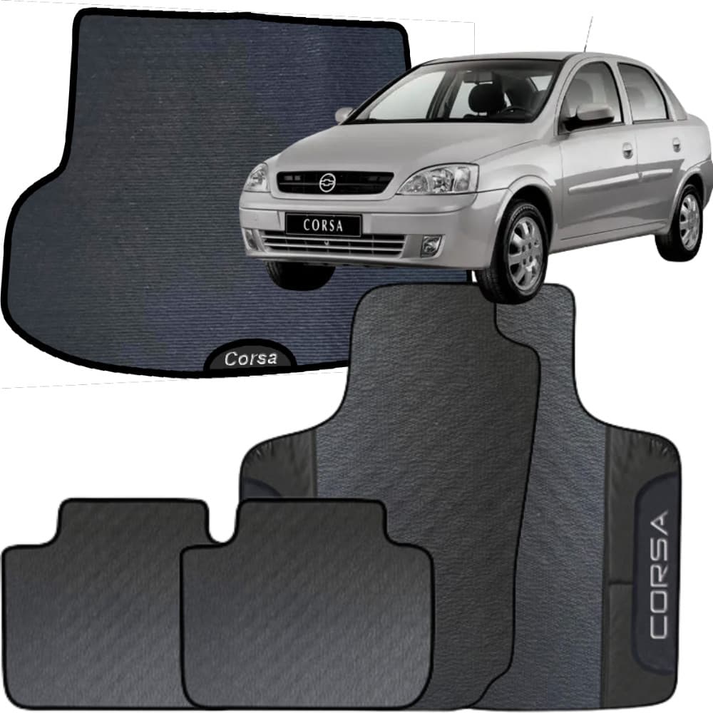 Kit Jogo Tapete Corsa Sedan 2003 a 2009 4 Peças + Tapete Mala Emborrachado Automotivo Personalizado