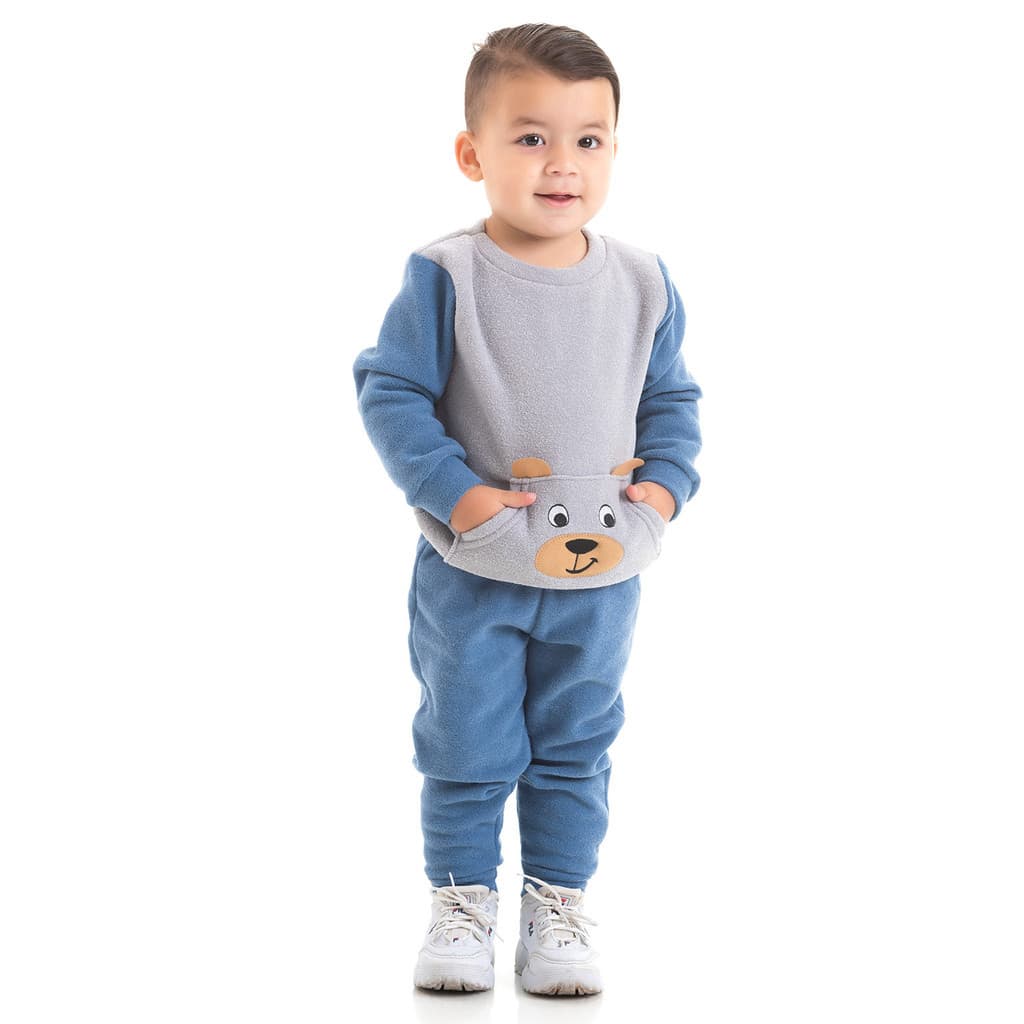 LDK Conjunto Infantil Inverno Masculino Casaco Com Bolso Canguru Bordado De Carinha De Urso Orelinha Interativa