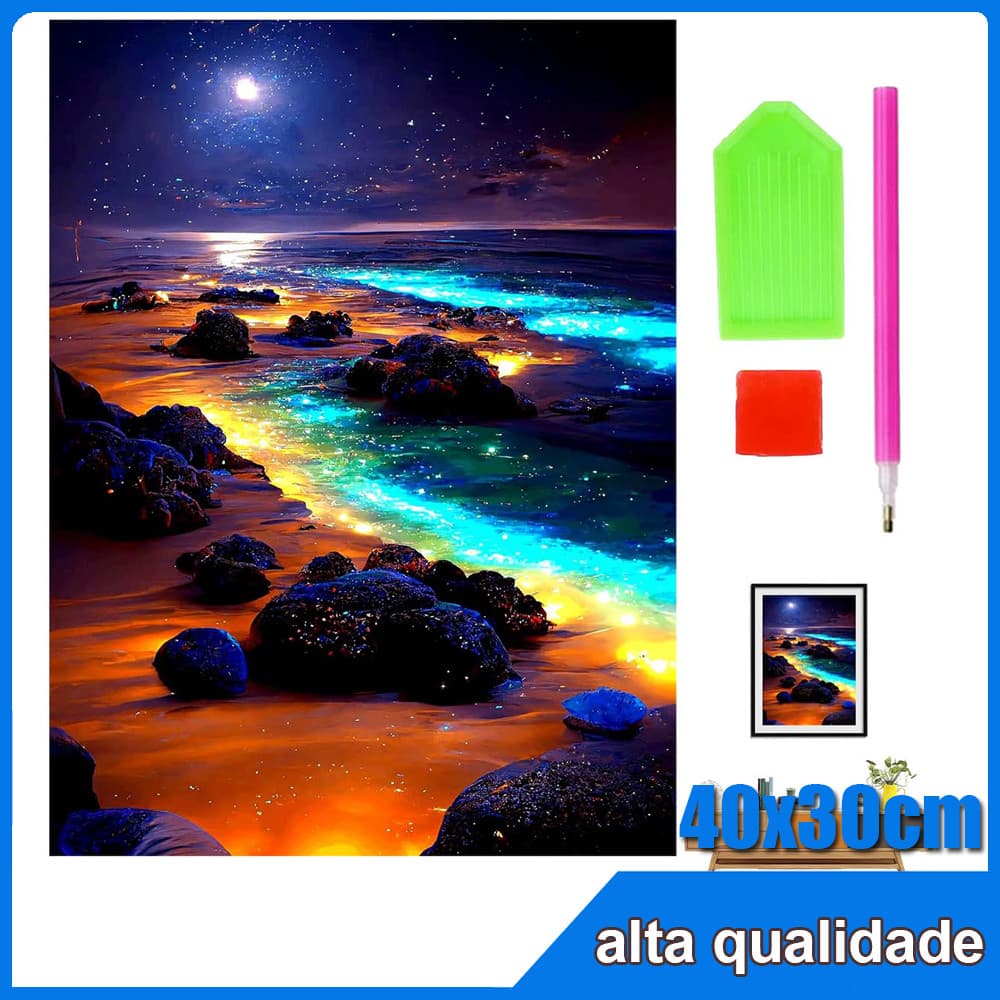 Lua de praia colorida Pintura Diamante 5D Pintura de Diamante Conjunto  Conto De Fadas Redondo 5D Kits