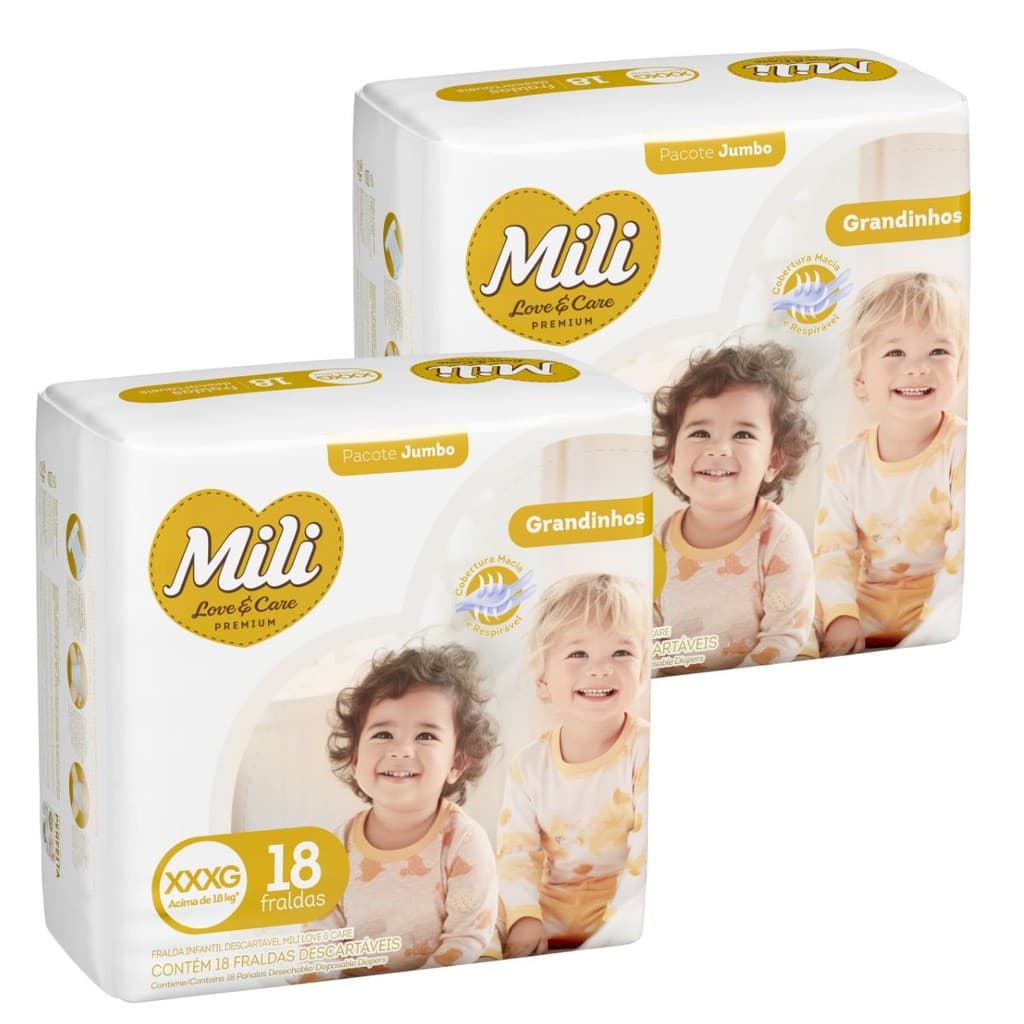 Fralda Descartável Mili Love & Care 2 Pacotes c/ 18 (total: 36 fraldas)  Tam: XXXG - Grandinho