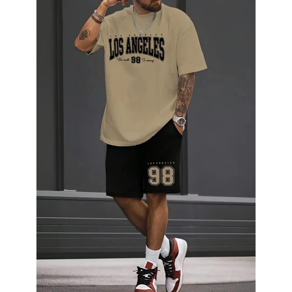 Conjunto Camiseta E Bermuda Los Angeles 98 Estampa Casual Masculino Kit Camisa e Short Moletom