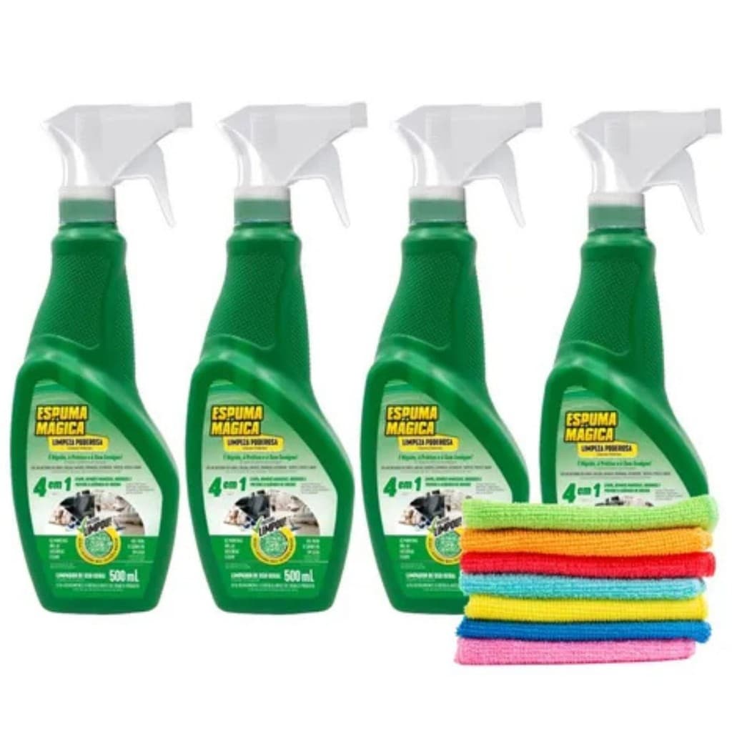 Kit 4 Espuma Mágica Proauto Limpeza Gatilho 500ml + 1 Pano Microfibra Limpa Estofados Sofá E Carro Ação Rápida