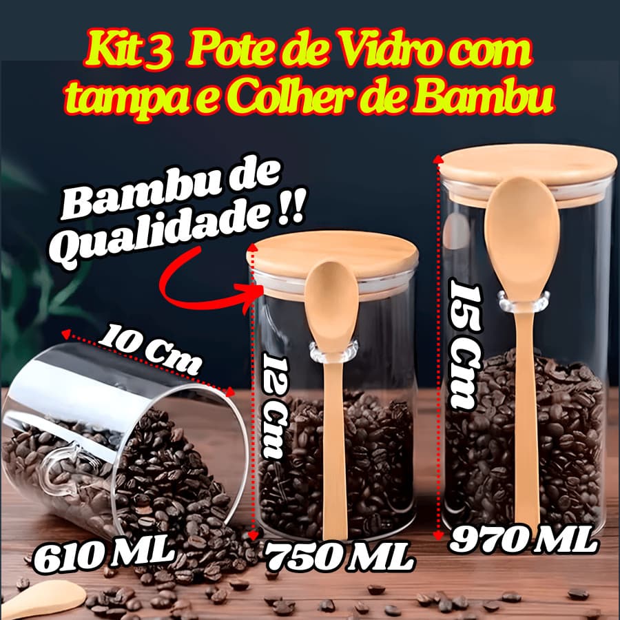 KIT 3 Pote De Vidro Com Tampa Hermética E Colher De Bambu Redondo Organizador Multiuso De Cozinha