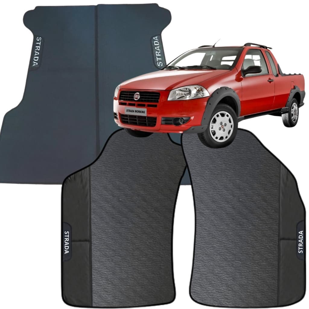 Kit Jogo Tapete Strada 2008 a 2017 4 Peças + Tapete caçamba Emborrachado Automotivo Personalizado