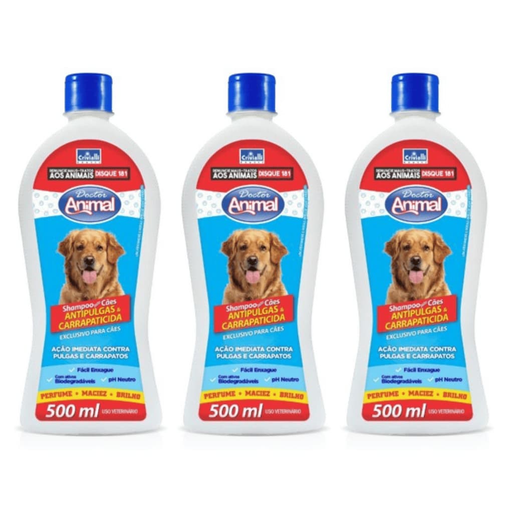 Kit com 3 Shampoo Doctor Animal Antipulgas E Carrapaticida para Cachorro 500ml