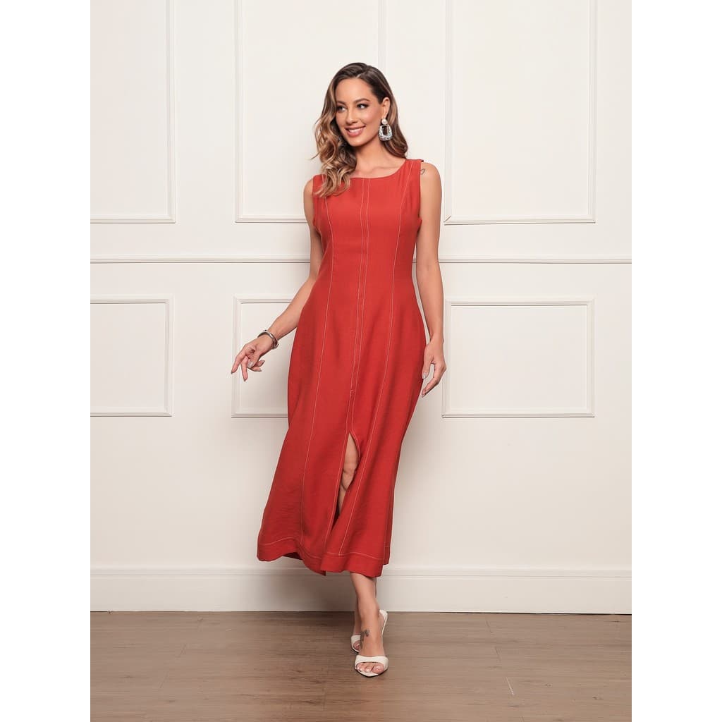DUOUNO - VESTIDO REGATA LONGO FEMININO MARANTE COM ZÍPER ATRÁS E BOLSOS - VESTIDOS LONGOS FEMININAS