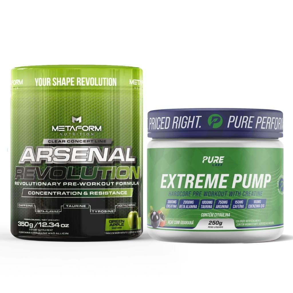 Kit Pré Treino Arsenal Revolution 350g Metaform + Pré Treino Extreme Pump 250g Pure
