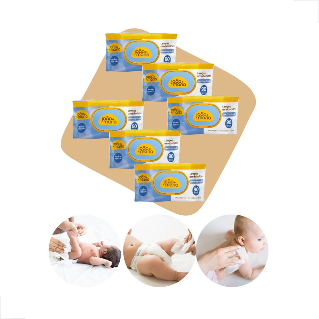 Kit 6 Lenços Umedecidos João E Maria 90un S/fragrância Cimed Bebe Limpeza Suave e Segura Lenços Espessos e Macios