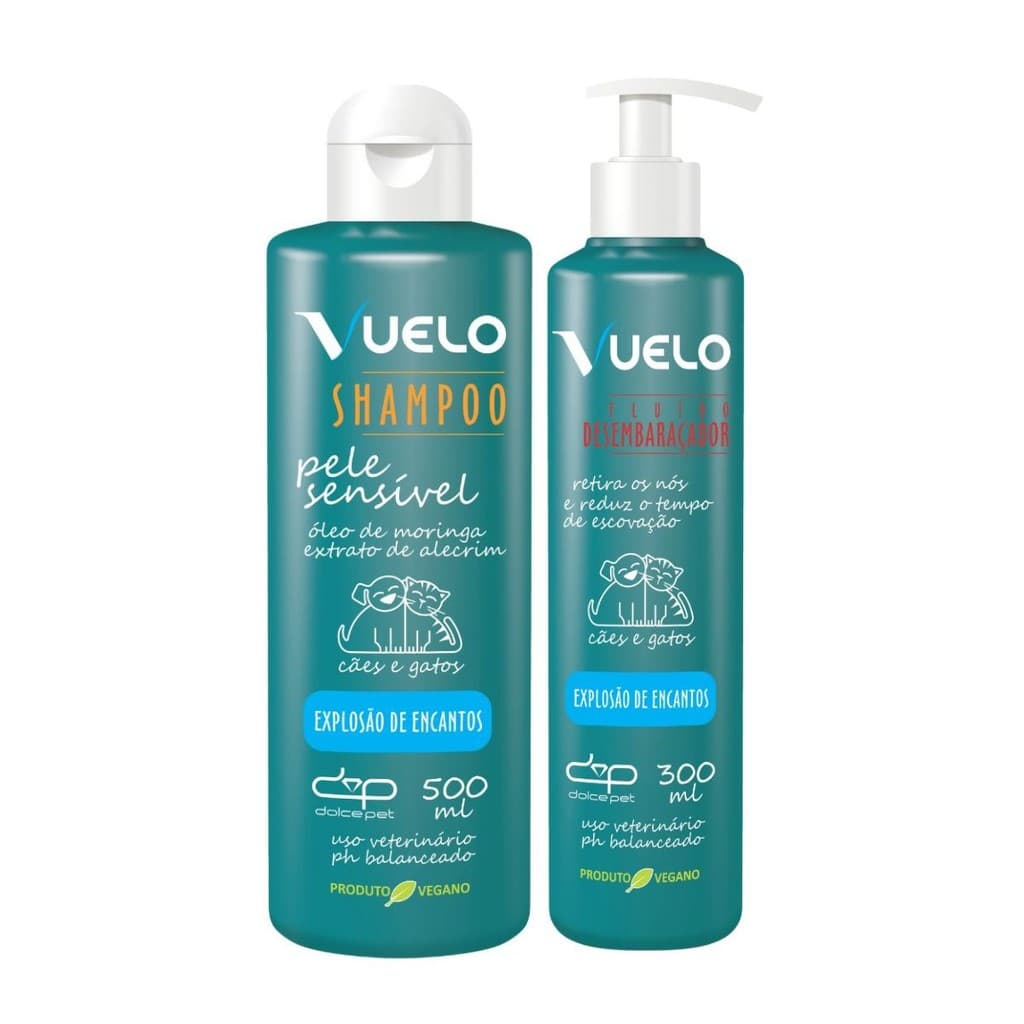 Kit Vuelo Shampoo Pele Sensível e Fluido Desembaraçador Explosão de Encantos para Cães e Gatos