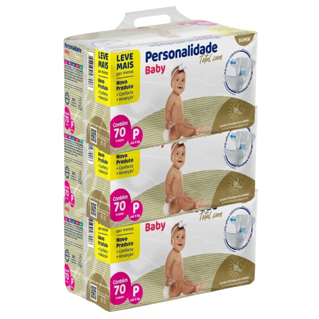 Kit 3 Fralda Descartável Personalidade Baby Total Care Bag P - Total de 210 Unidades