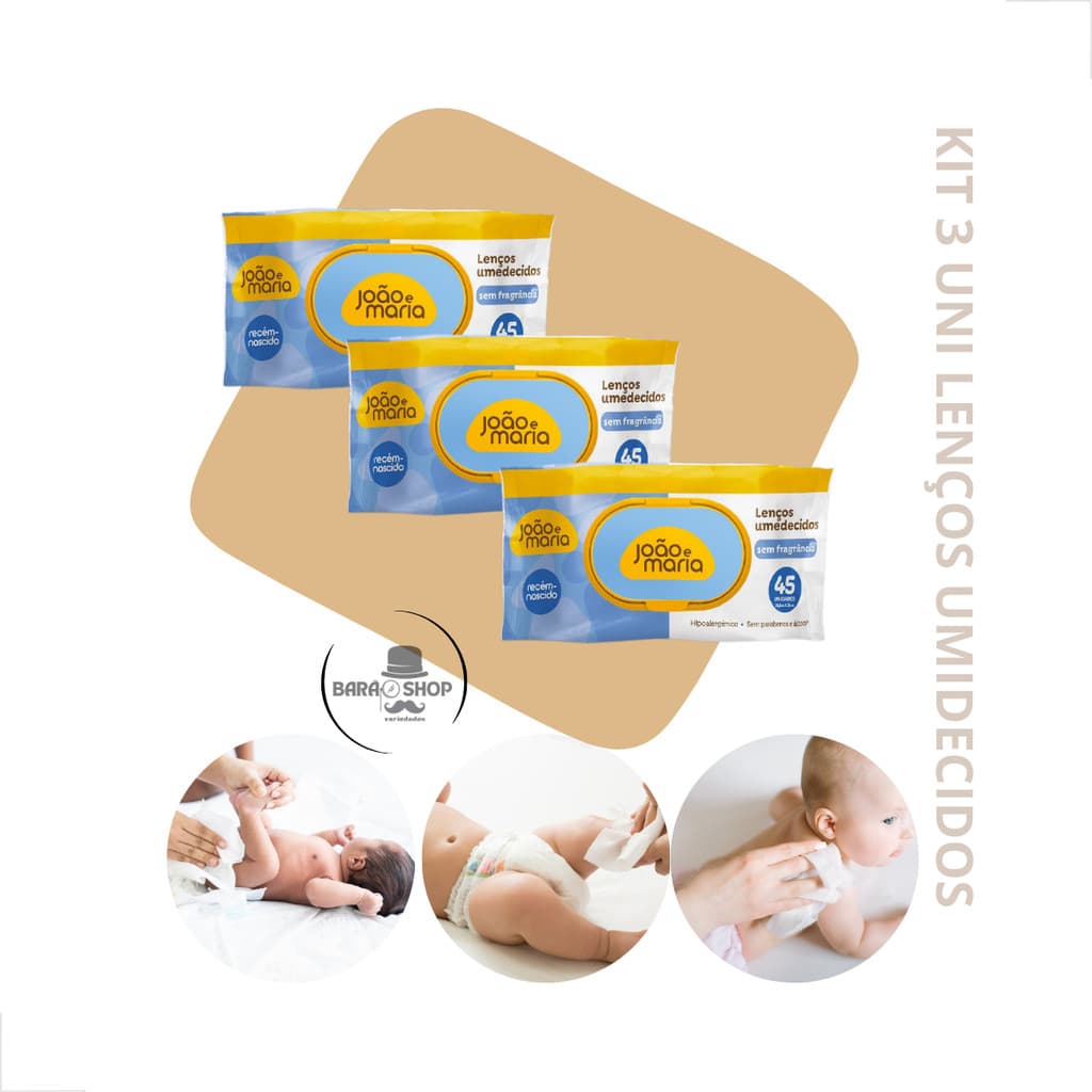 Kit 3 Lenços Umedecidos João E Maria 45un S/fragrância Cimed Bebe Limpeza Suave