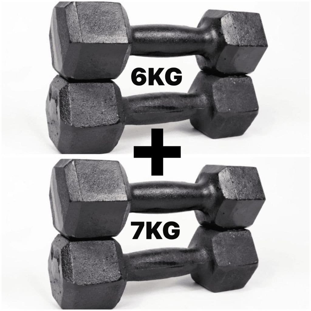 KIT 2 PARES HALTER SEXTAVADO DE 6 E 7KG FERRO FUNDIDO PARA TREINO E MUSCULAÇÃO (26KG TOTAL)