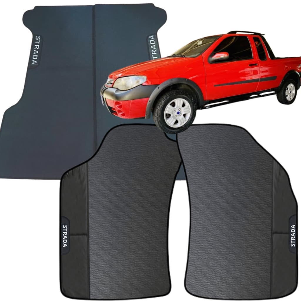 Kit Jogo Tapete Strada 2004 a 2014 4 Peças + Tapete caçamba Emborrachado Automotivo Personalizado