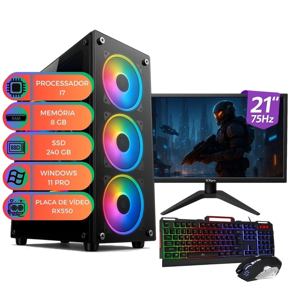 Computador Completo Gamer Up Starter Pro I7 8GB SDD240GB Placa de Vídeo RX550 Monitor 21" Win 11 Kit Gamer Teclado Mouse