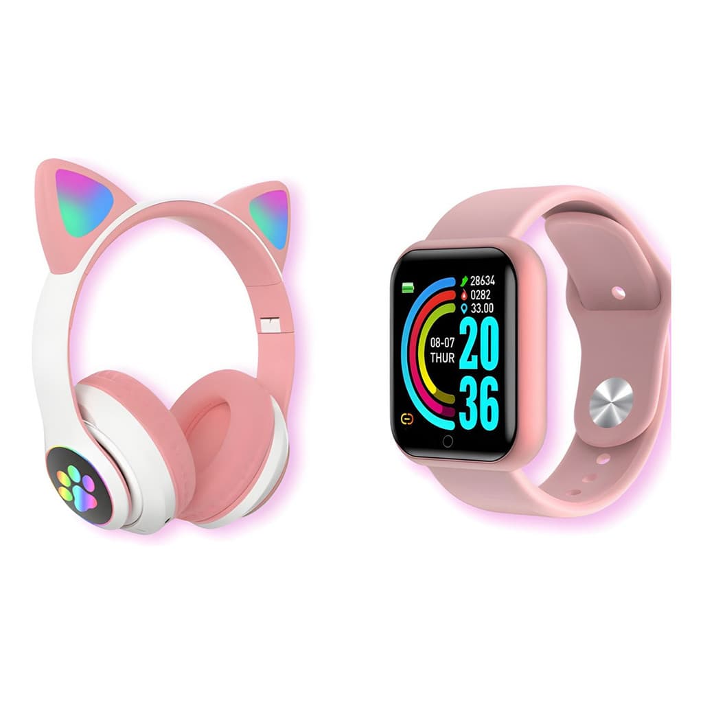 Fone De Ouvido Gatinho Led Bluetooth + Relógio Smartwatch Unissex