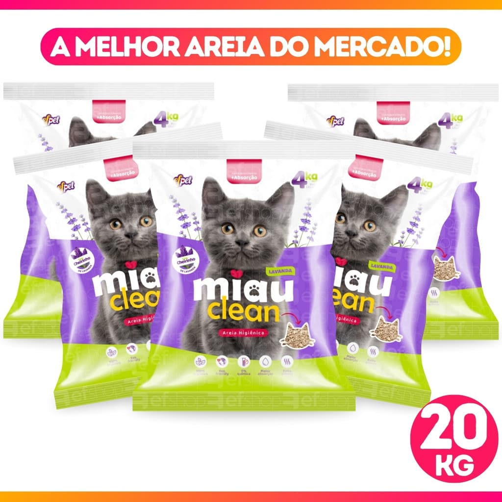 Fardo 1 à 5 Pacotes 4KG Areia Sanitária Granulado Forma Torrões MiauClean Perfumado Lavanda 20KG