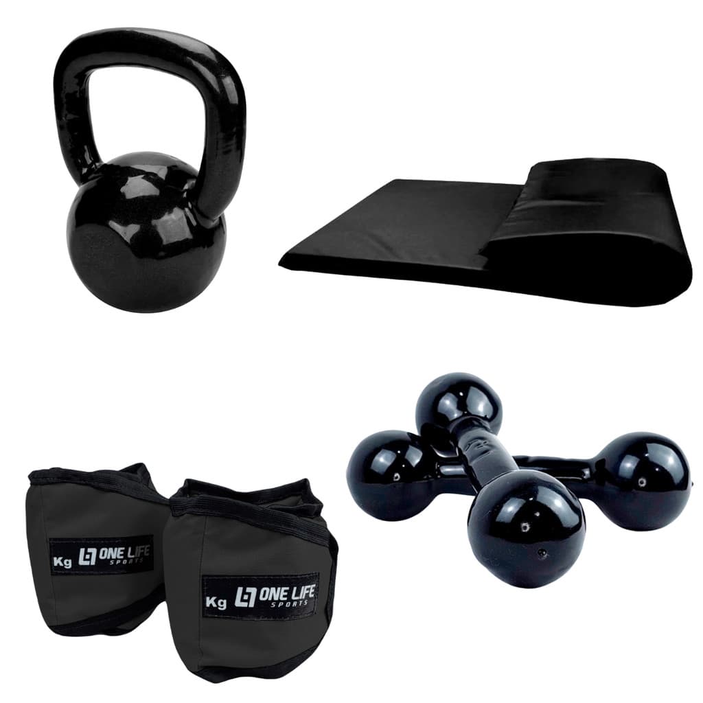 Colchonete One Life Sports Academia Em Casa + Halter 1kg + Caneleira 1kg + Kettlebell emborrachado 4kg