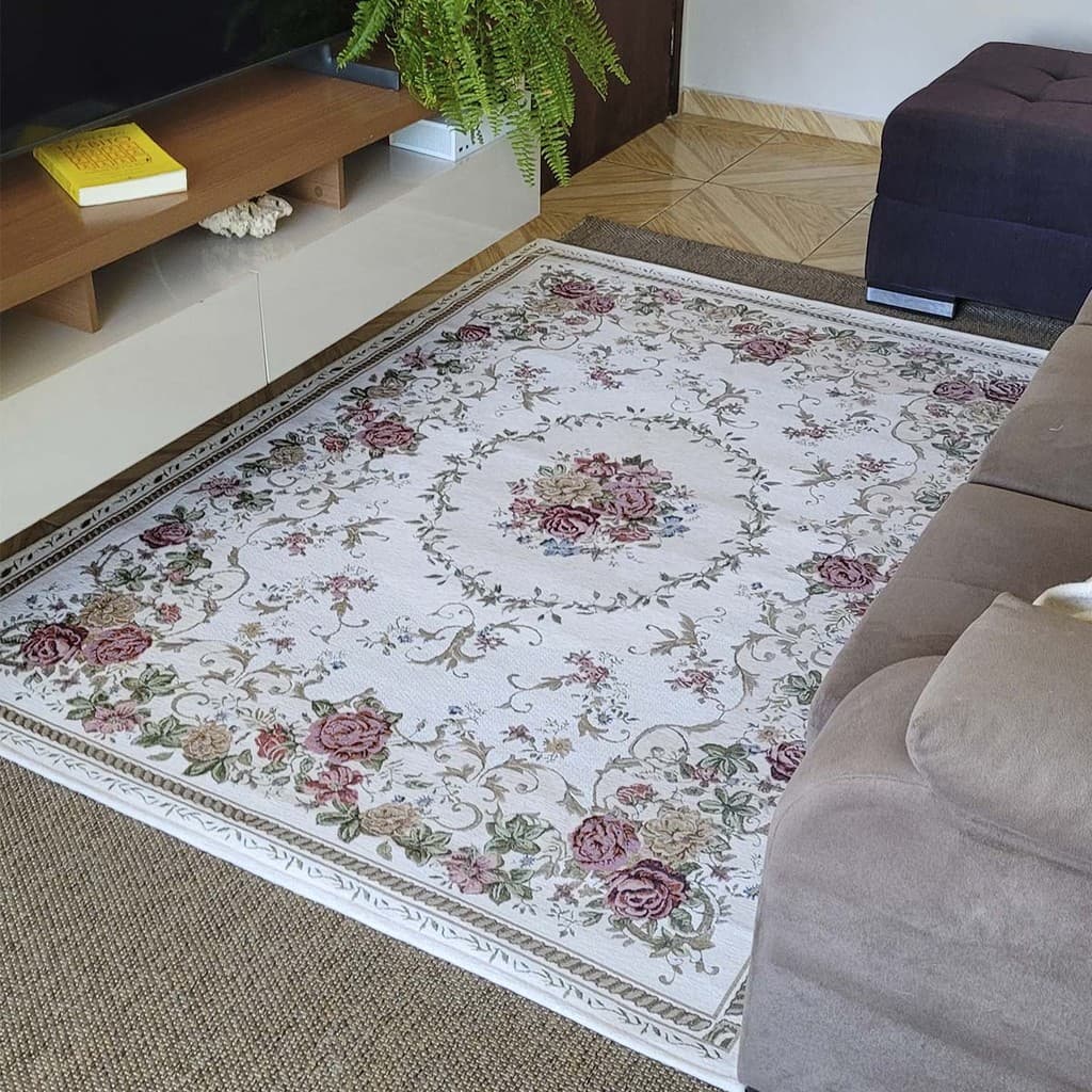 Tapete Sala Antiderrapante Floral Jasmin 02 Bege 1,00X1,50M