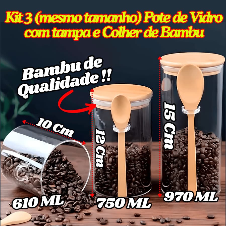 KIT 3 Pote De Vidro Hermético Com Tampa E Colher De Bambu Redondo Organizador Multiuso De Cozinha