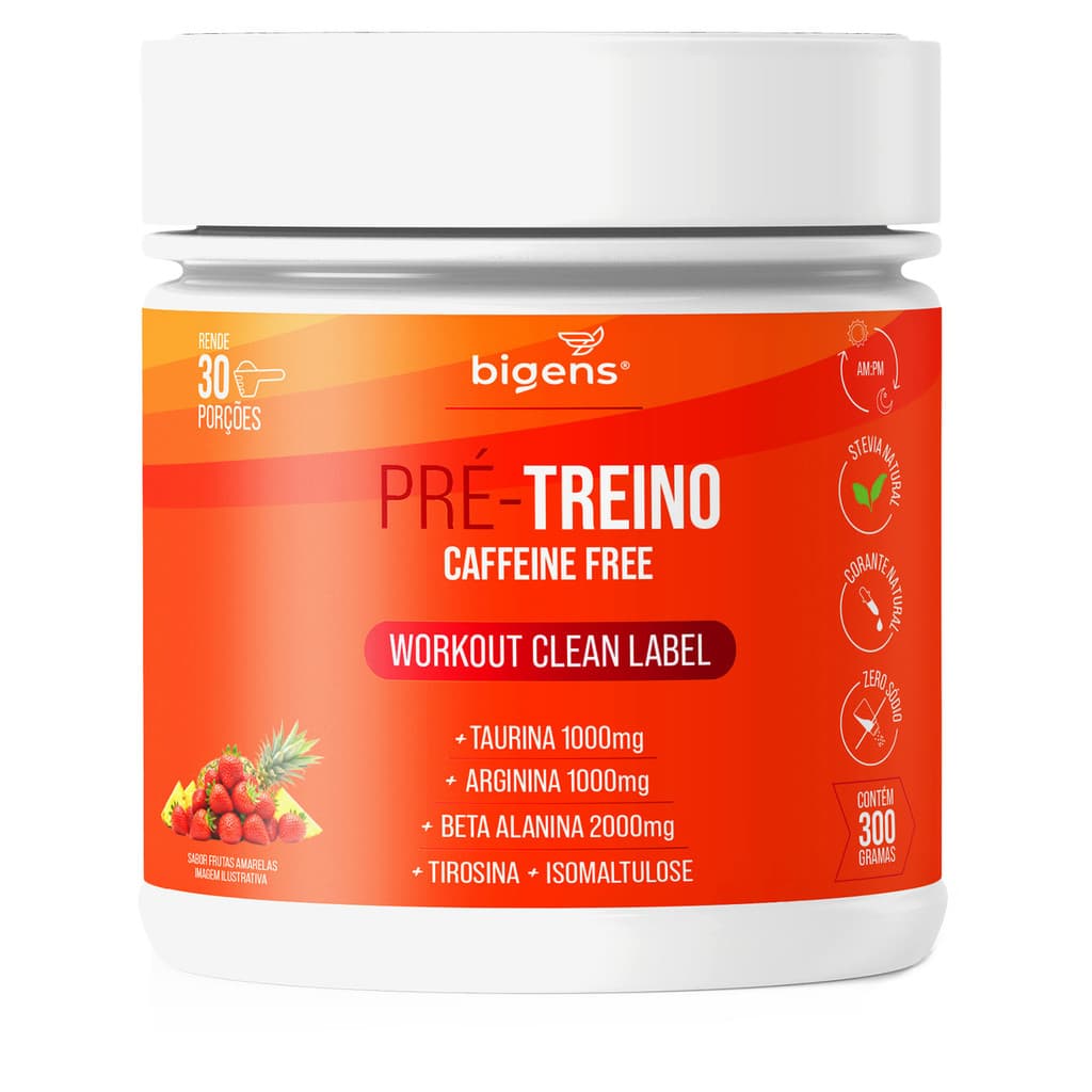 Bigens Pré-Treino Sem Cafeína 300g – Morango e Abacaxi – Clean Label, Natural, Caffeine Free