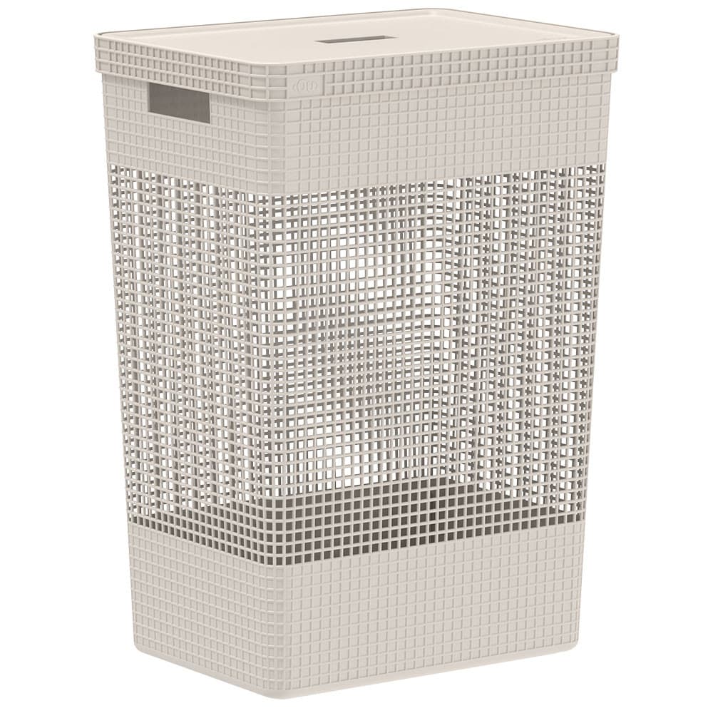 Cesto Roupa Suja Organizador Tampa Grid 49L Bege Organiza Brinquedos Lavanderia Banheiro Moderno Ou