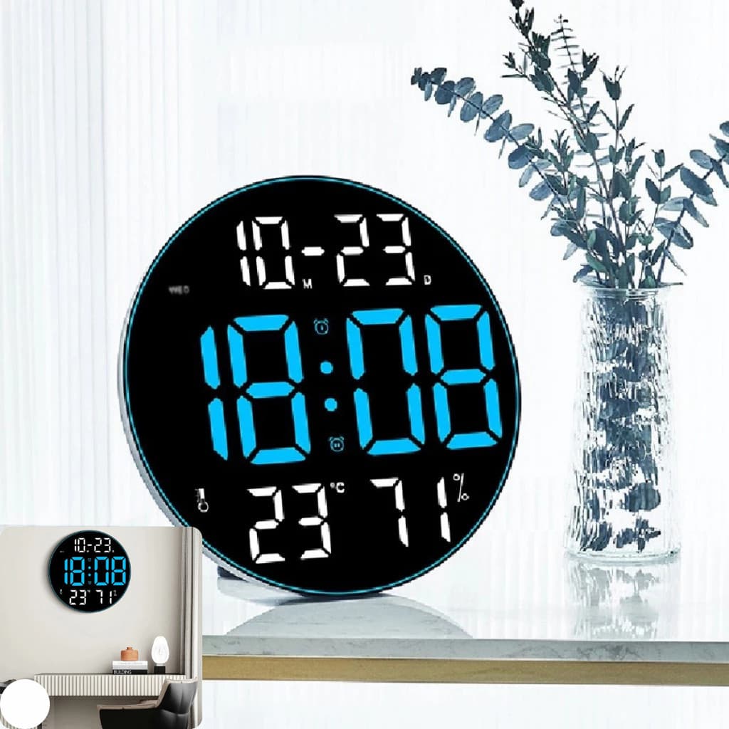 Relógio Digital de Parede LED Redondo De Parede Com Funções Termômetro e Calendário Controle Remoto USB Moderno