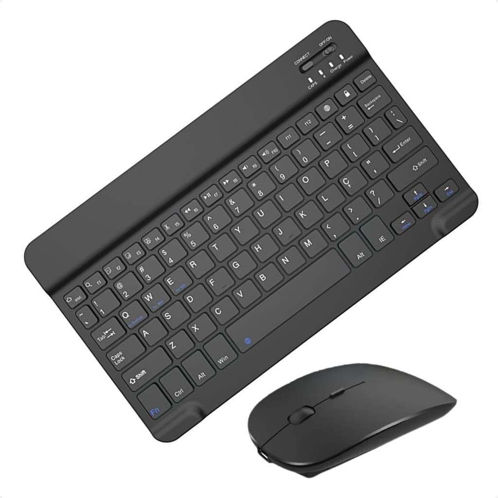 Kit Teclado e Mouse Sem Fio para iPad A16 11ª Geração Modelo Magnético Tecla Ç Design Ergonômico Preto
