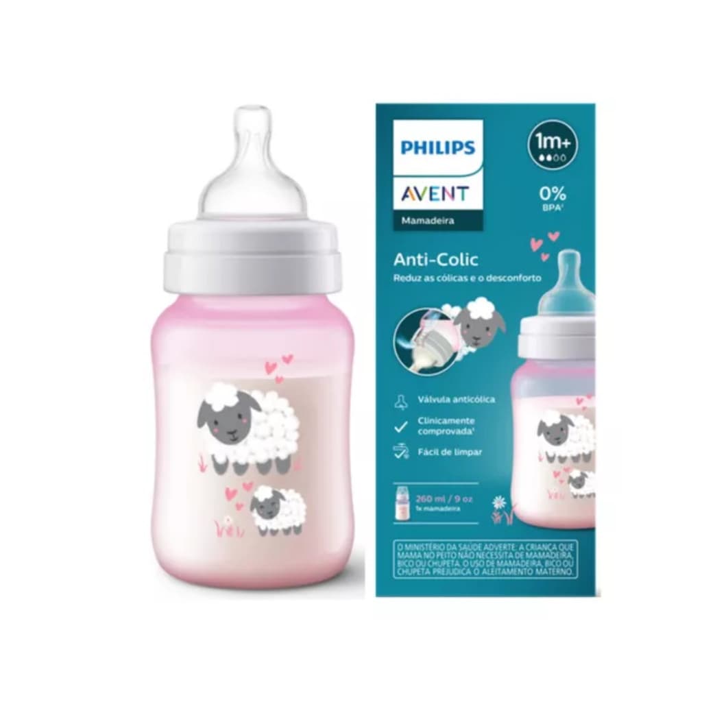 Mamadeira Avent Rosa 260ml Clássica 1m+ Ovelha