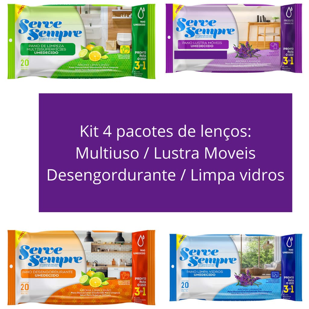 Kit 4 Lenços Umedecidos limpeza em geral pratico e fácil
