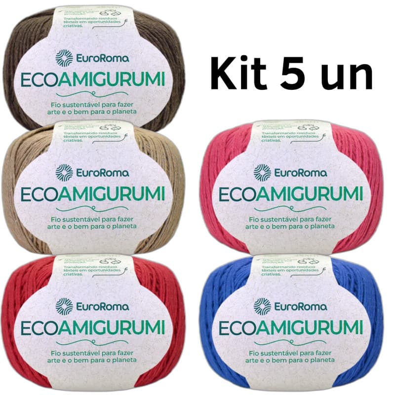 Kit 5 Novelos Eco Amigurumi 254 Metros Fio Macio 85% Algodão Euroroma Titulo 8/7 Crochê Roupa Boneco