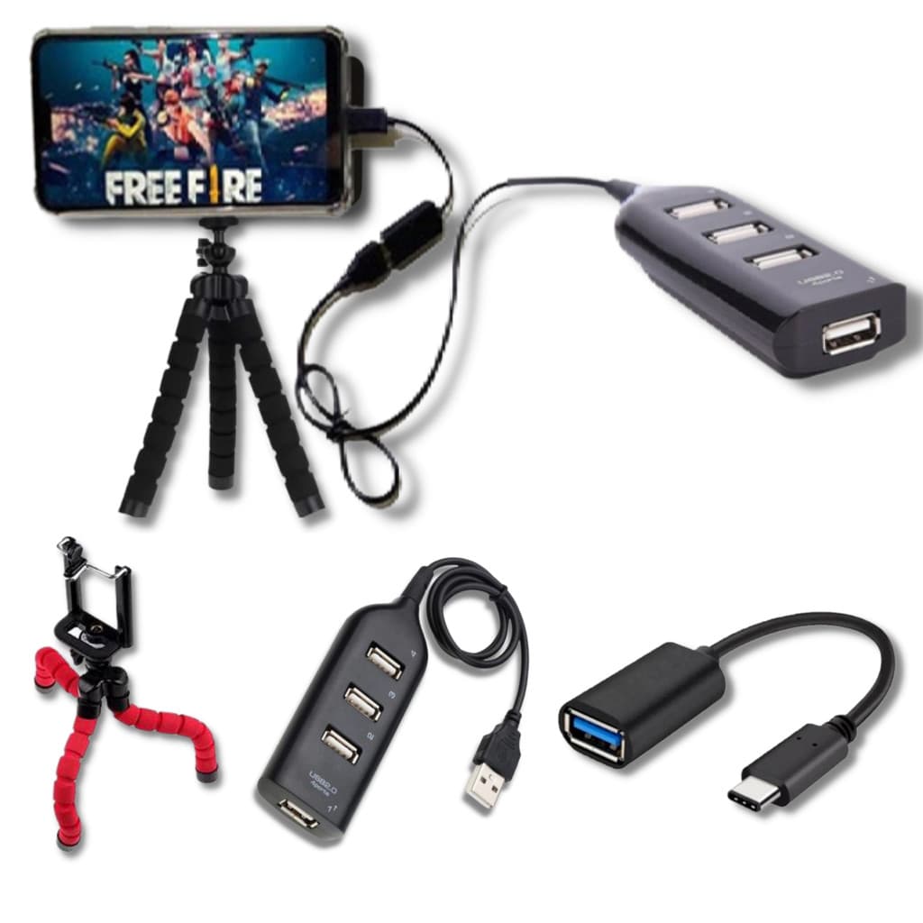 KIT Mobilador Para Celular HUB Usb 4 Portas Ultra Rapido + OTG Micro Usb Ou Tipo C + Tripé Flexivel Para Celular