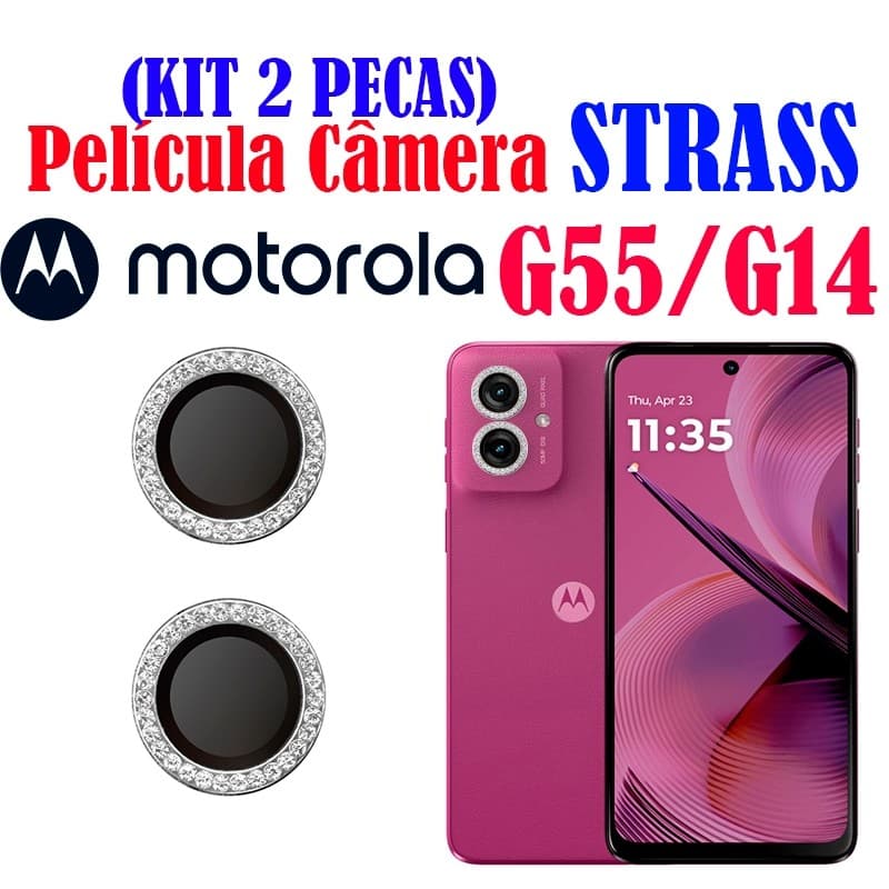 Kit (2 Pecas) Película Câmera Strass Motrola Moto G55/ Moto G14 Protetor Da Lente Diamonte Colorido