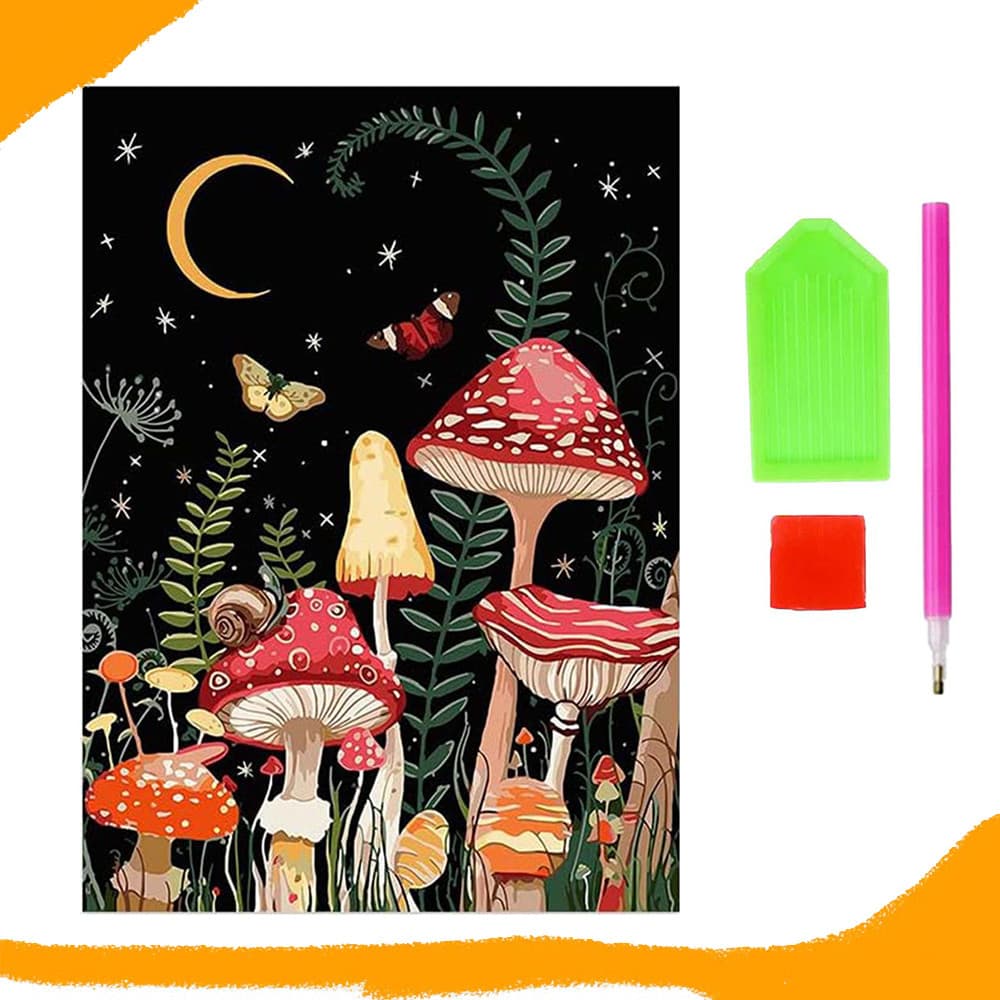 Diamante redondo 5D, pintura de fantasia da Floresta de Cogumelos com paisagem noturna Artista Decoração 30x40cm