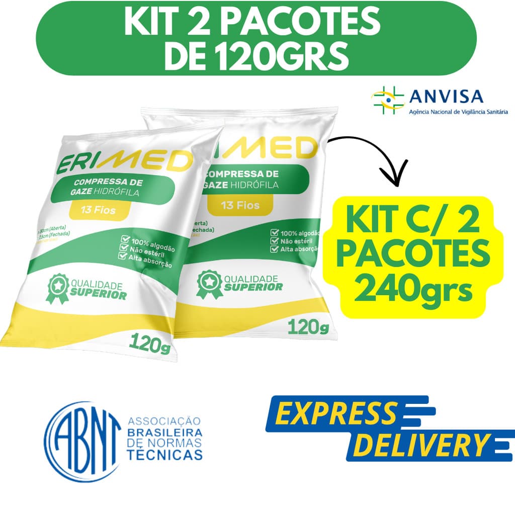 Kit 2 Compressa De Gaze Premium 13 Fios 120 Gramas Hidrófila Gazes Descartável Erimed