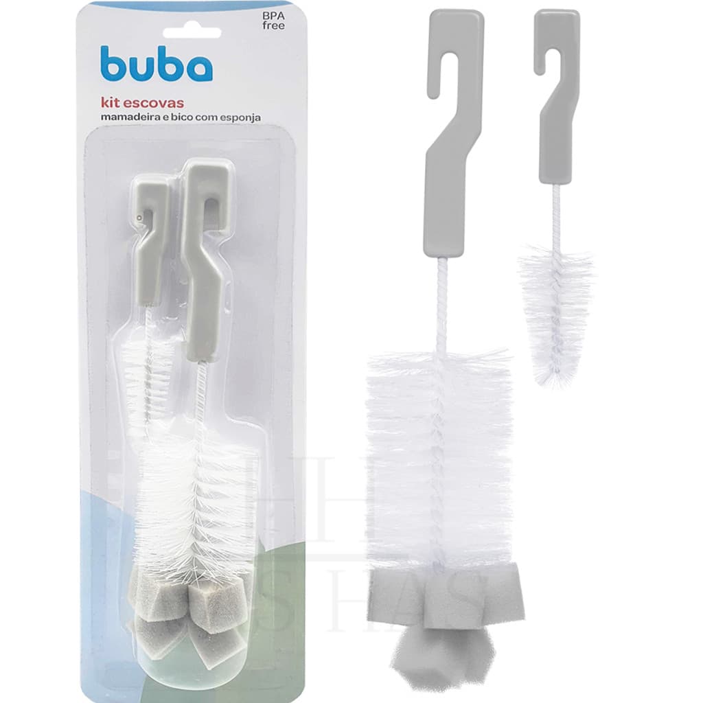 Escova Para Lavar Mamadeira Bico e Garrafa Com Esponja Buba Cinza Bebê Limpar Multiuso Kit Limpeza
