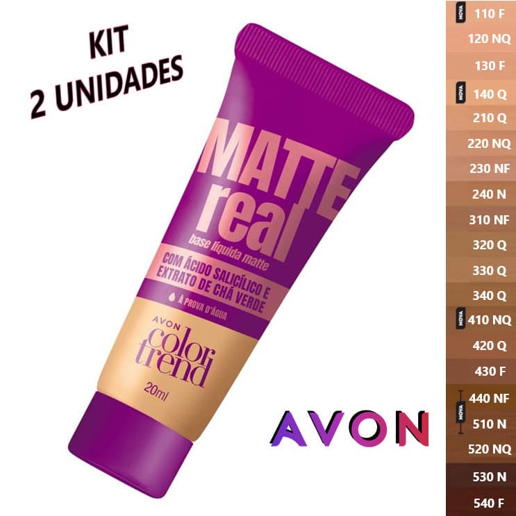 (Kit 2 unid.) Base Líquida Color Trend Matte Real Avon 20ml (Nova Fórmula com Ácido Salicílico - Controle de Oleosidade)