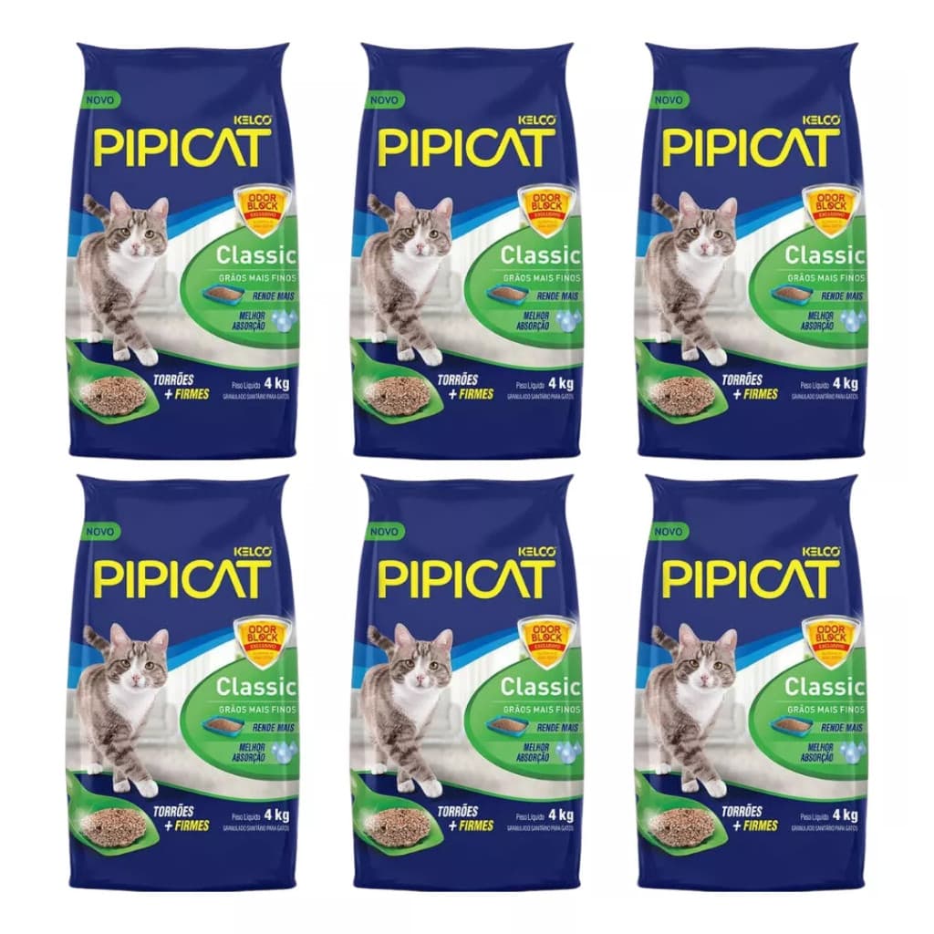Kit Areia Sanitária Para Gato Kelco Pipicat Classic 4kg ( COMTÉM 6 PACOTES ) Produto Original