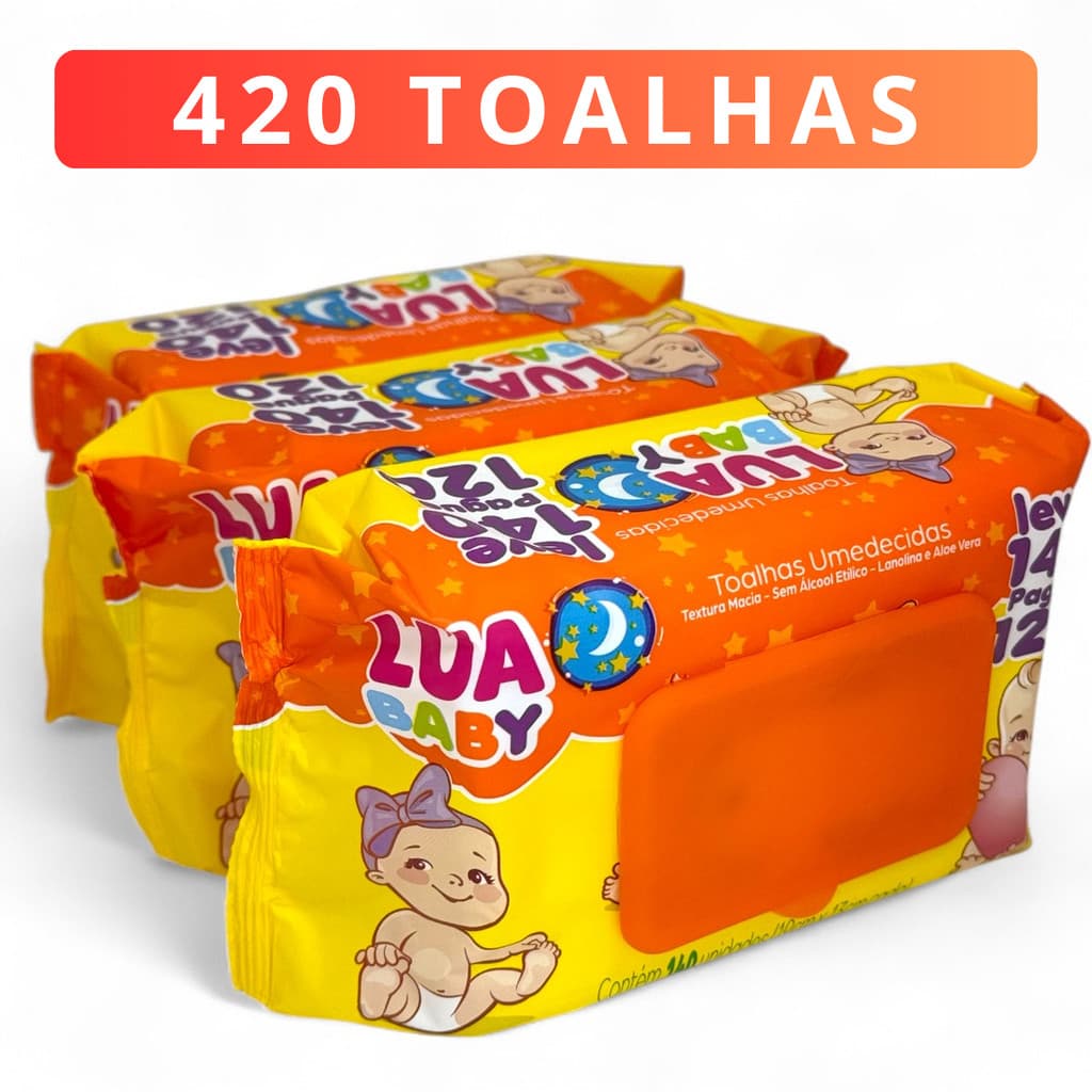 Kit Com 420 Lenço Umedecido Premium com 3 Pacotes Lua Baby Toalha Mimo Bebe