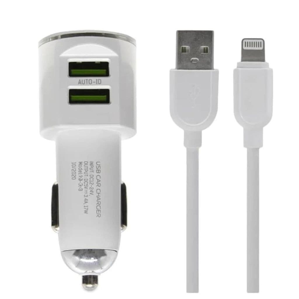 Carregador Veicular Turbo H'Maston, Entrada USB Dupla, C/ Cabo Lightning para Iphone Incluso Branco