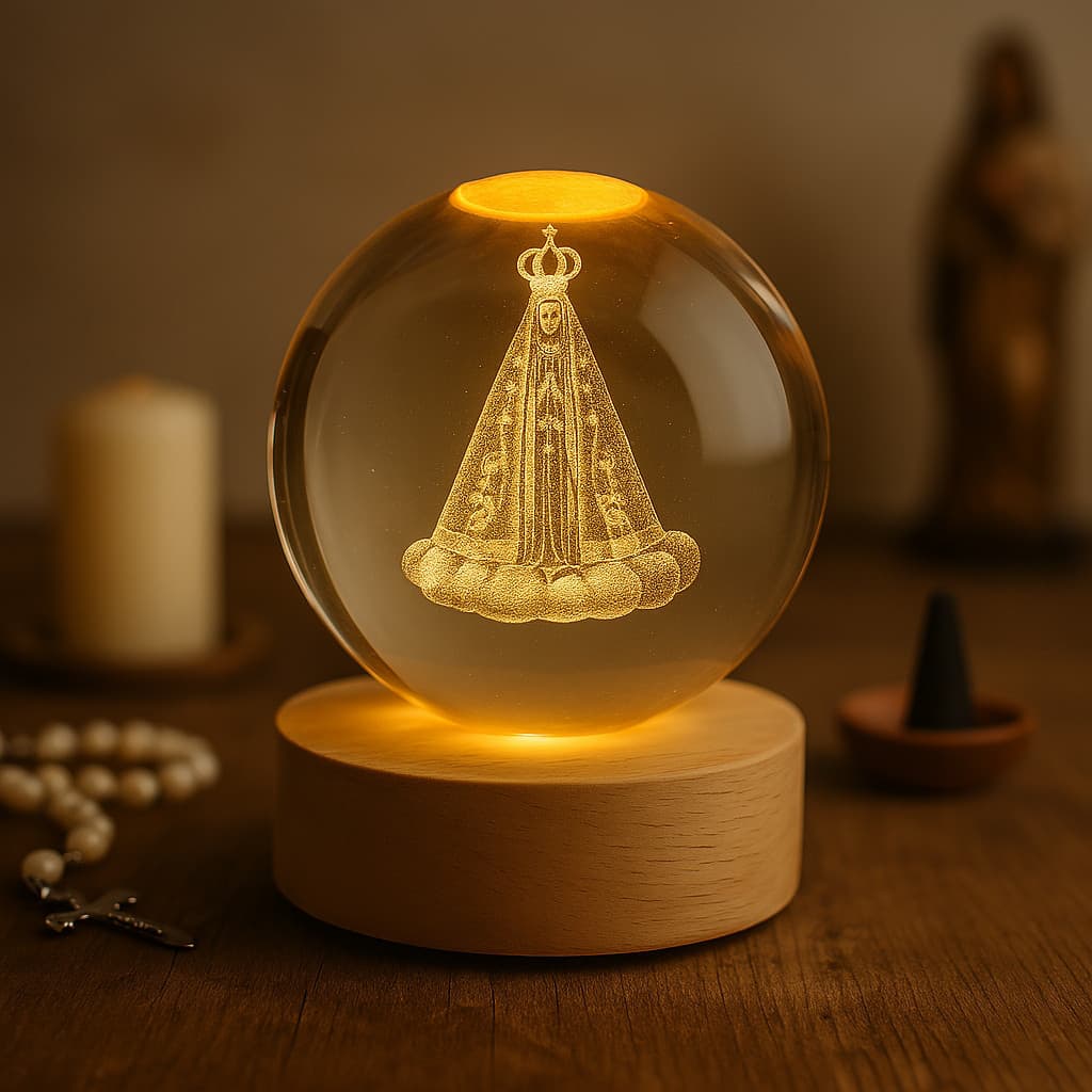Luminária Nossa Senhora Aparecida Cristal LED 3D Mesa Presente Quarto Decoração Religiosa Católico