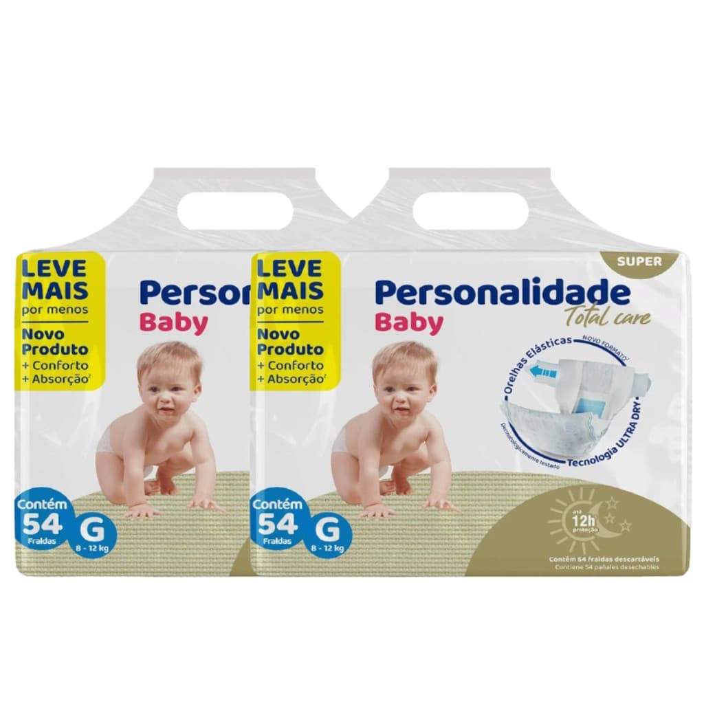 Kit 2 Fralda Descartável Infantil Personalidade Baby Total Care Bag - Tamanho G Total 108 Unidades