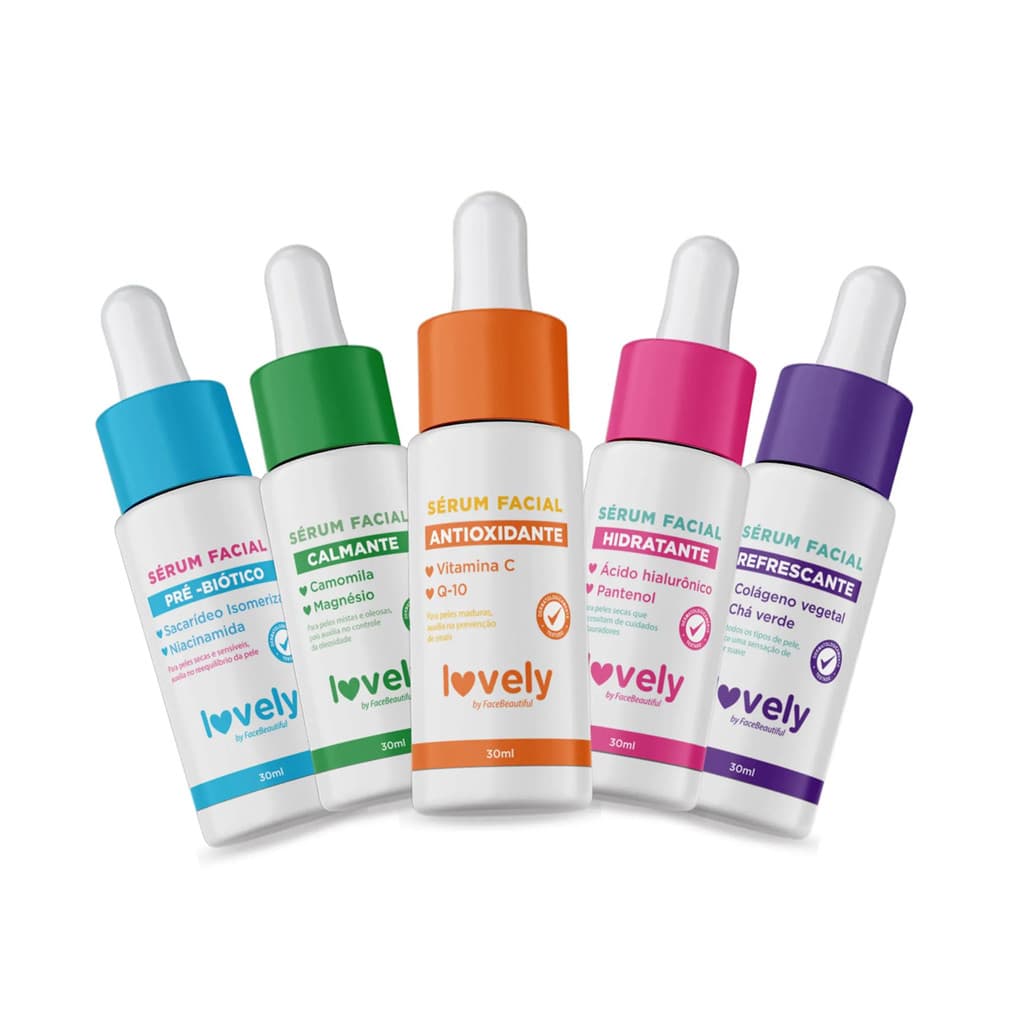 Kit 05 Sérum Facial Hidratação Colágeno Vitamina C Pantenol Lovely by Face Beautiful 30ml