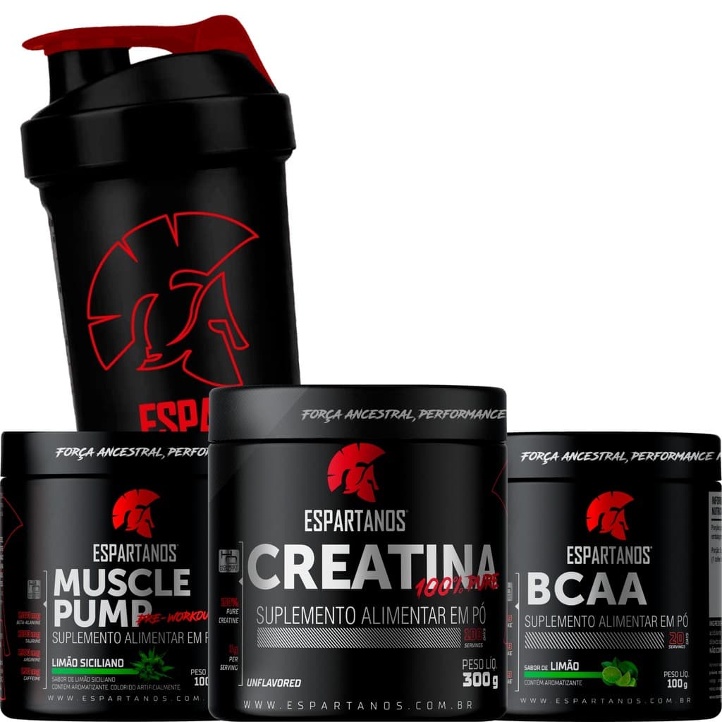 Creatina, Bcca limão, Pré-Treino Limão, Shaker - ESPARTANOS