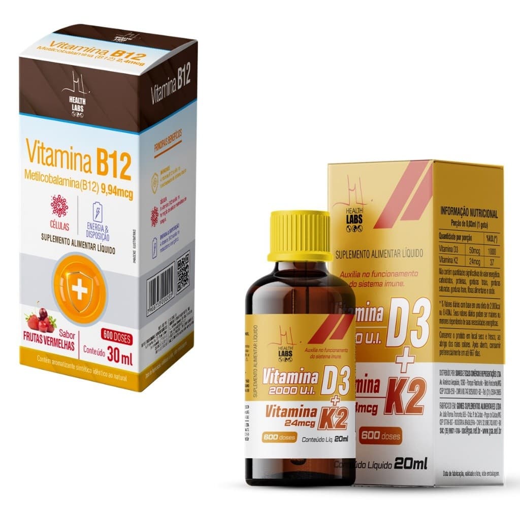 kit Vitamina B12 Adulto 30ml Frutas Vermelhas + Vitamina D3 K2 20ml - Health Labs