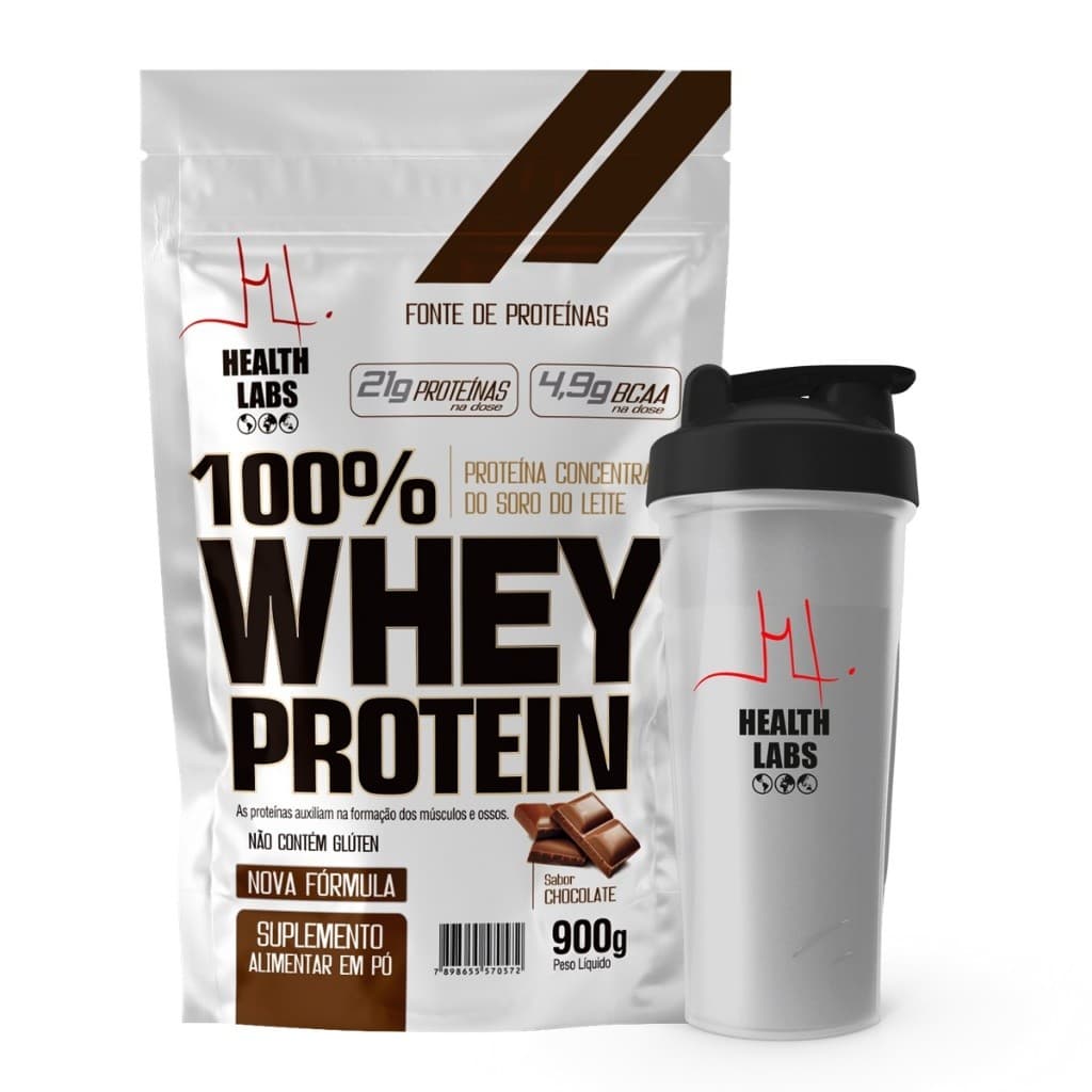100% Whey Protein 900g Pounch Chocolate + Coqueteleira  - Health Labs