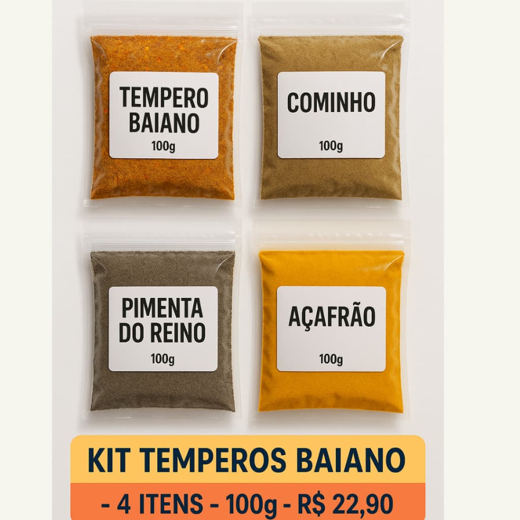 Kit Baiano com 4 Temperos Raiz – Açafrão, Pimenta do Reino, Cominho e Tempero Baiano!